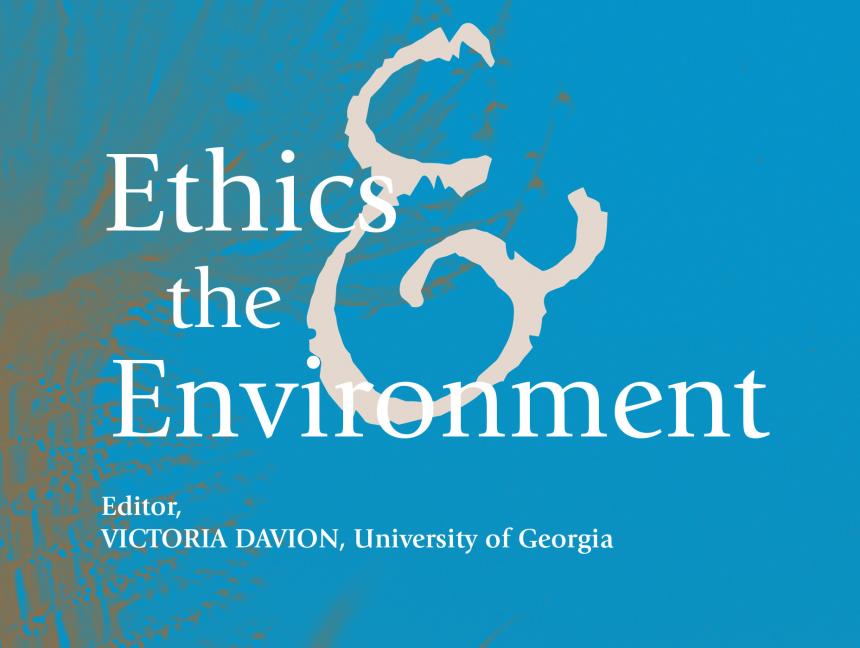Ethics & the Environment Journal cover in blue, editor, Victoria Davion